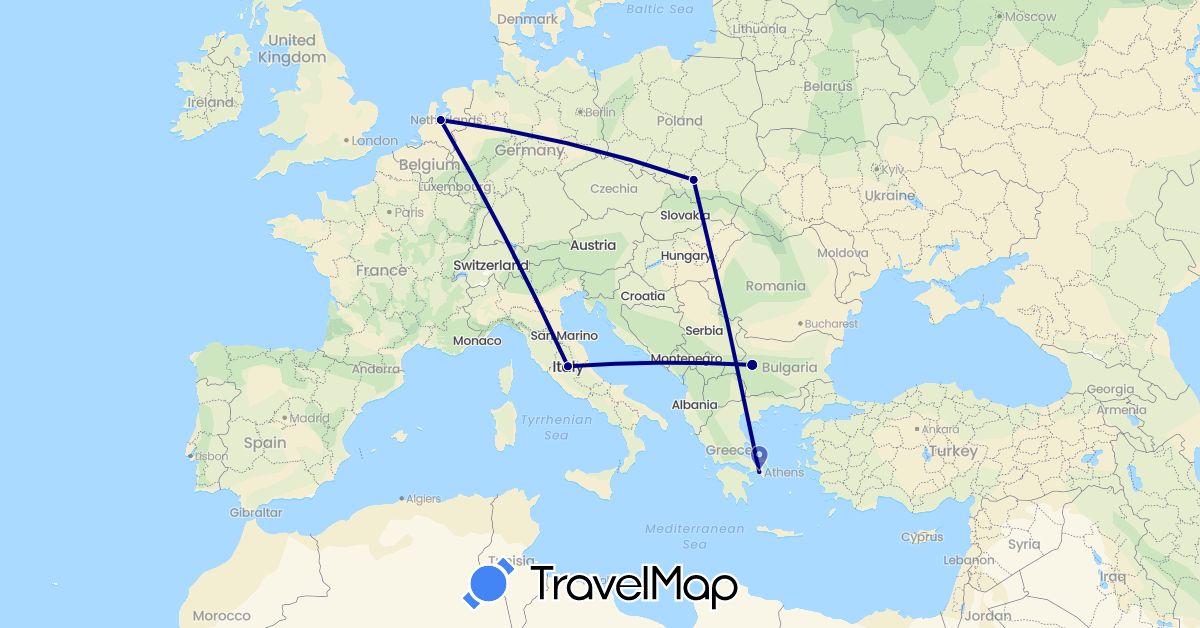 TravelMap itinerary: driving in Bulgaria, Greece, Italy, Netherlands, Poland (Europe)